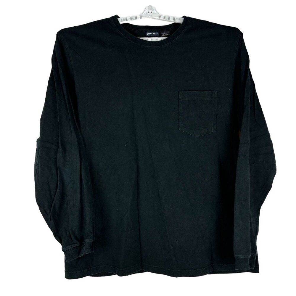 Cherokee Mens Black Long Sleeve Cotton Shirt XL Pocket Crew Neck Casual